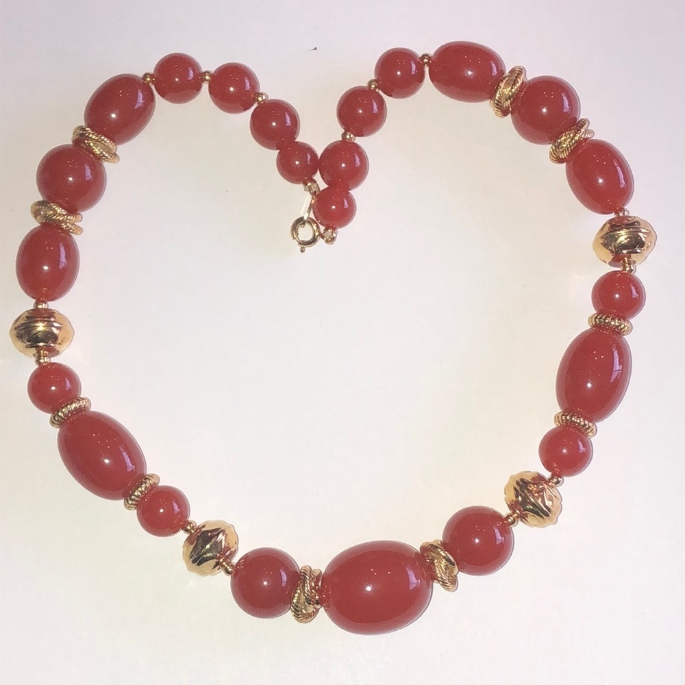 Trifari Elegant Vintage Reddish Orange  and Gold Tone Beaded Necklace